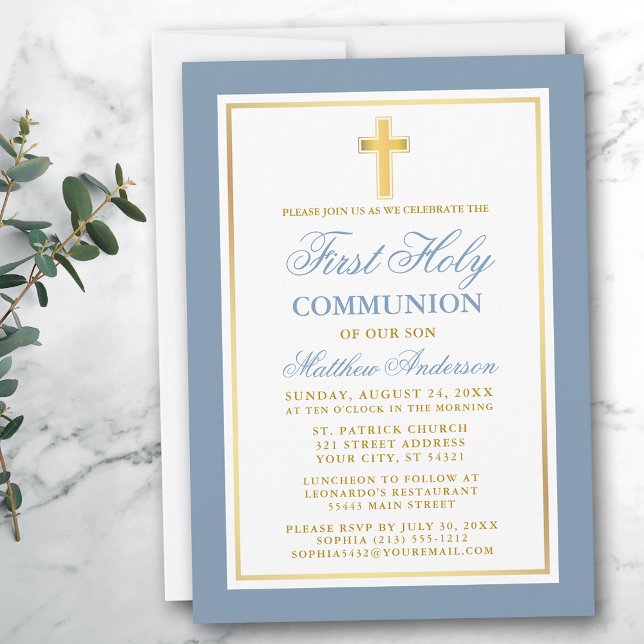 Invitation Première Sainte Communion Elégante Dusty Blue Gold (Customize to change text size, color or text style.)