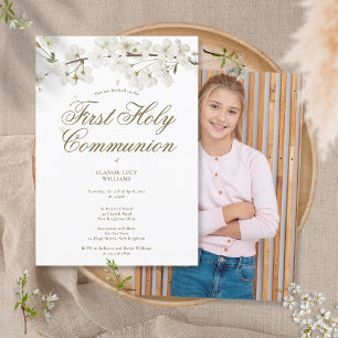 Invitation Première Sainte Communion Élégante Fleur Blanche P