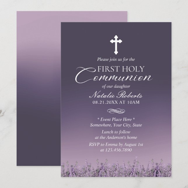 Invitation Première Sainte Communion Élégante Purple Ombre (Devant / Derrière)