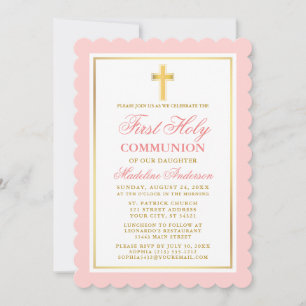 Invitation Première Sainte Communion Élégante Rose et Or