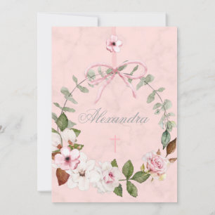 Invitation Première Sainte Communion Élégante Roses Rose Cadr