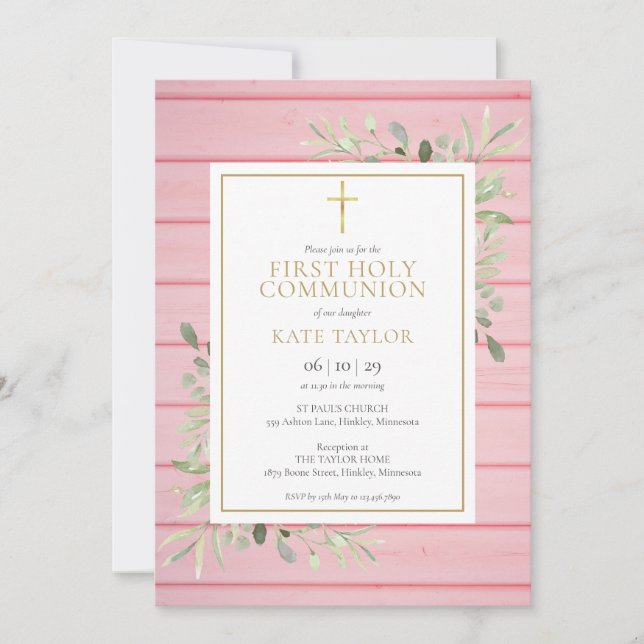 Invitation Première Sainte Communion en Bois Rustique Rose et (Devant)