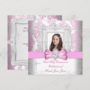 Invitation Première Sainte Communion Fille Blanc Rose Photo