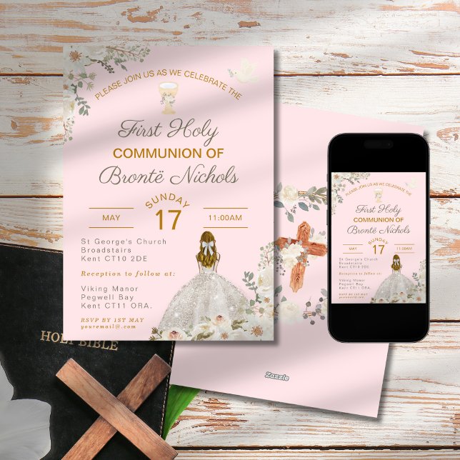 Invitation Première Sainte Communion Fille Blush Chalice rose (Créateur téléchargé)