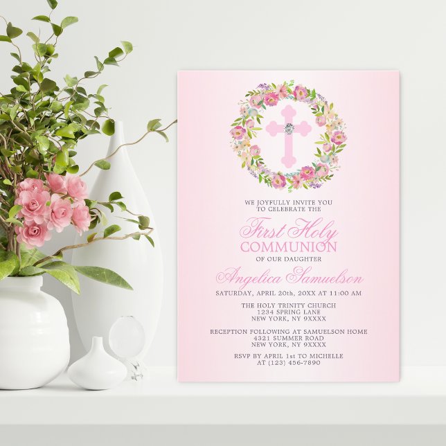 Invitation Première Sainte Communion Fille Croix Florale (Créateur téléchargé)