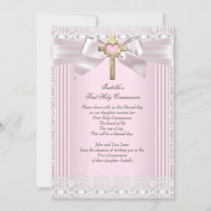 Invitation Première Sainte Communion Fille Croix Rose Dentell