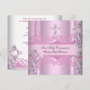 Invitation Première Sainte Communion Fille Dentelle Rose