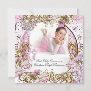Invitation Première Sainte Communion Fille Dentelle Rose Or P