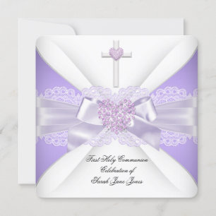 Invitation Première Sainte Communion Fille Lilac Lace Cœur 3