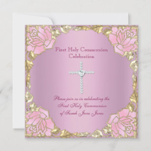 Invitation Première Sainte Communion Fille Rose Or Argent Cro