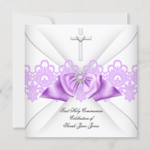 Invitation Première Sainte Communion Fille Ruban en Dentelle
