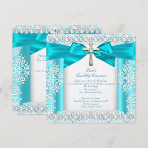 Invitation Première Sainte Communion Filles Blanc Bleu Turquo