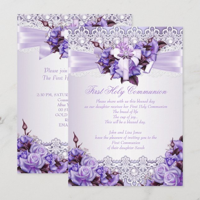 Invitation Première Sainte Communion Filles Lilac Lavande Pur (Devant / Derrière)