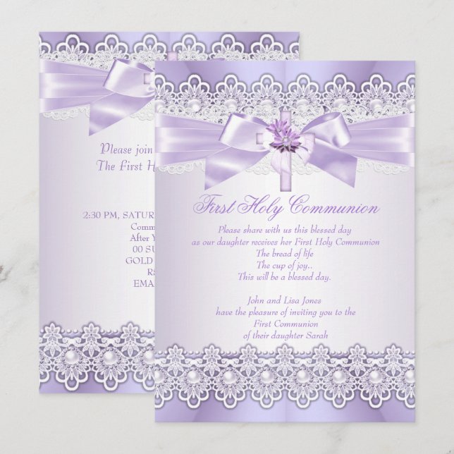 Invitation Première Sainte Communion Filles Lilac Lavender vi (Devant / Derrière)