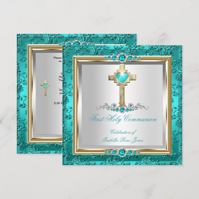 Invitation Première Sainte Communion Filles Turquoise Jade Pe (Devant / Derrière)