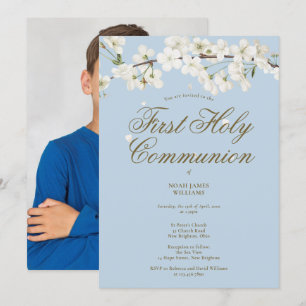 Invitation Première Sainte Communion Fleur Blanche Photo Bleu