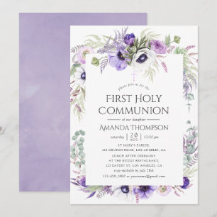 Invitation Première Sainte Communion Fleur de Pavot Violet Po