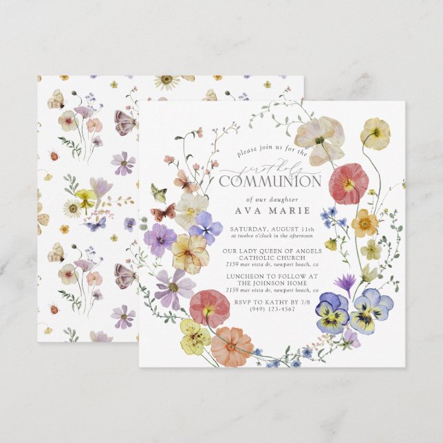 Invitation Première Sainte Communion Fleur sauvage d'été du p (Devant / Derrière)