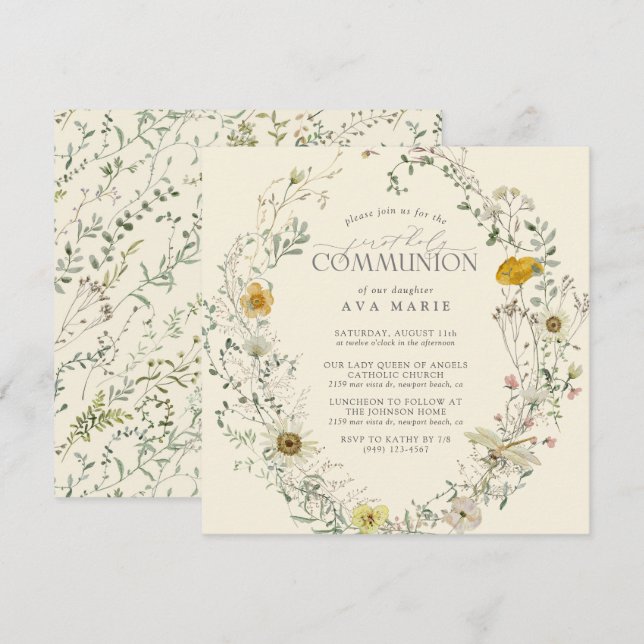 Invitation Première Sainte Communion Fleur sauvage été automn (Devant / Derrière)