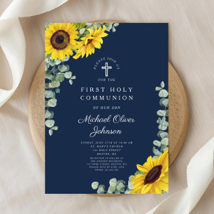 Invitation Première Sainte Communion Fleurie Bleu Marine Mode
