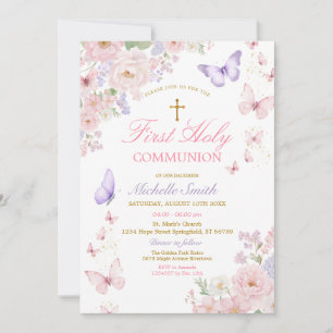 Invitation Première Sainte Communion Fleurie Papillon Douce