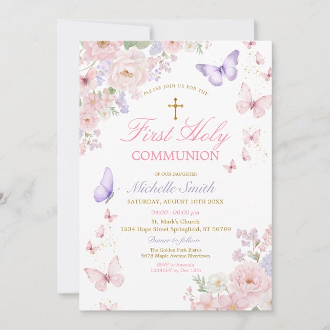 Invitation Première Sainte Communion Fleurie Papillon Douce (Devant)