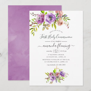Invitation Première Sainte Communion Florale à l'aquarelle de