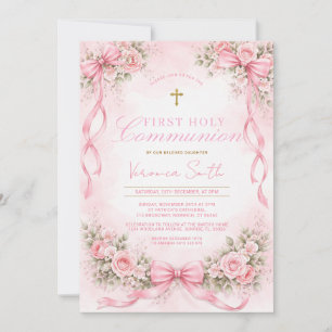 Invitation Première Sainte Communion Florale à Ruban Rose Élé