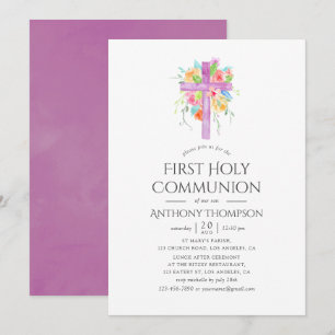 Invitation Première Sainte Communion Florale Aquarelle Pastel