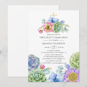Invitation Première Sainte Communion Florale de Succulente à 