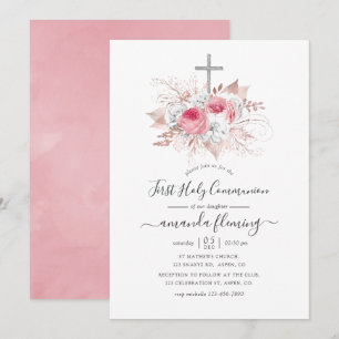 Invitation Première Sainte Communion florale or rose et rose
