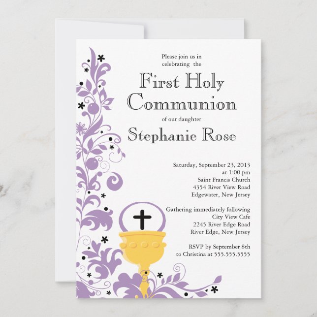 Invitation Première sainte communion florale pourpre moderne (Devant)