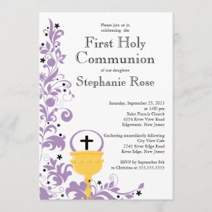 Invitation Première sainte communion florale pourpre moderne