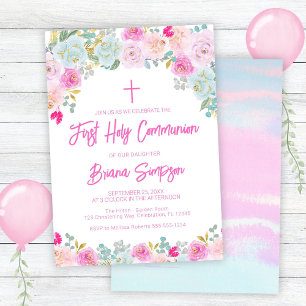 Invitation Première Sainte Communion Florale Rose Bleu Pêche 