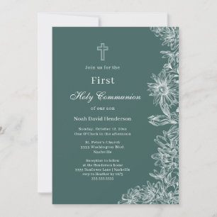 Invitation Première Sainte Communion Florale Verte Élégante
