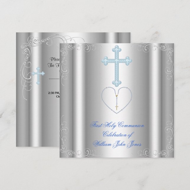 Invitation Première Sainte Communion garçon argent blanc bleu (Devant / Derrière)