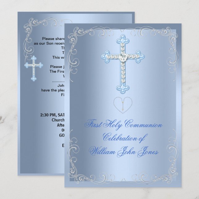 Invitation Première Sainte Communion Garçon Argent Bleu (Devant / Derrière)