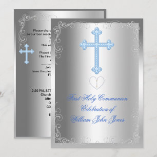 Invitation Première Sainte Communion Garçon Bleu Argent