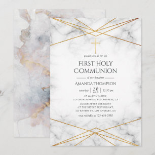 Invitation Première Sainte Communion Géométrique Marbre Doré