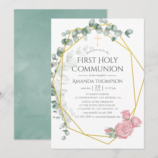 Invitation Première sainte communion géométrique Rose Eucalyp (Devant / Derrière)
