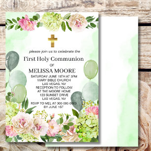 Invitation Première Sainte Communion Hydrangea Vert Fleurs Ro