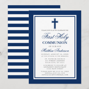 Invitation Première Sainte Communion Marine Bleu Argent rayé
