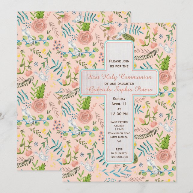 Invitation Première sainte communion modèle floral | Invitati (Devant / Derrière)