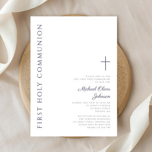 Invitation Première Sainte Communion Moderne Bleu Marine Scri