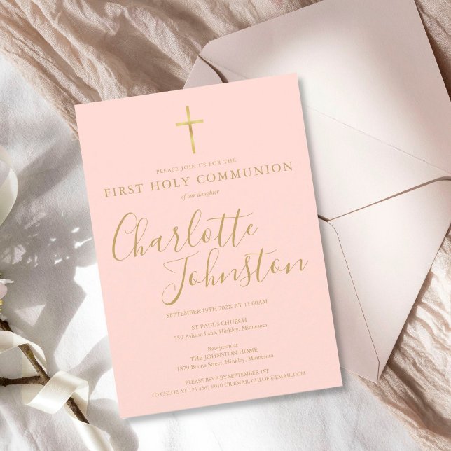 Invitation Première Sainte Communion moderne Or Blush rose (Créateur téléchargé)
