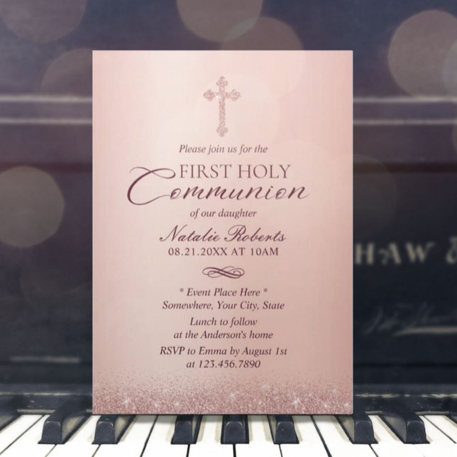Invitation Première Sainte Communion moderne Rose or (Créateur téléchargé)