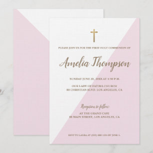 Invitation Première Sainte Communion moderne rose Or blanc