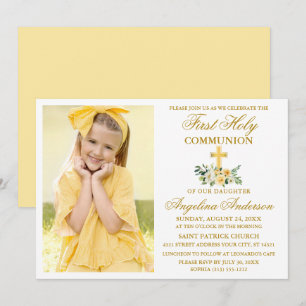 Invitation Première Sainte Communion or Aquarelle Jaune Flora