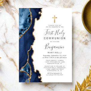Invitation Première Sainte Communion Paillettes d'Or Agate Bl