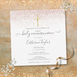 Invitation Première Sainte Communion paillettes or rose éléga